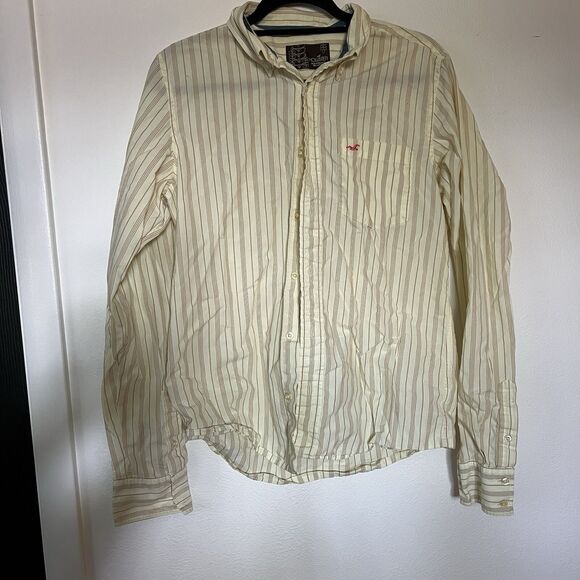 Hollister Dress Shirt Men's Medium yellow button down casual Striped long sleeve - Picture 1 of 3